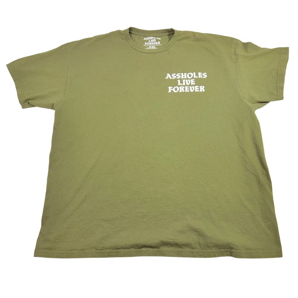 Assholes*s Live Forever T-Shirt Mens XXL Military Green Double Sided Logo Tee